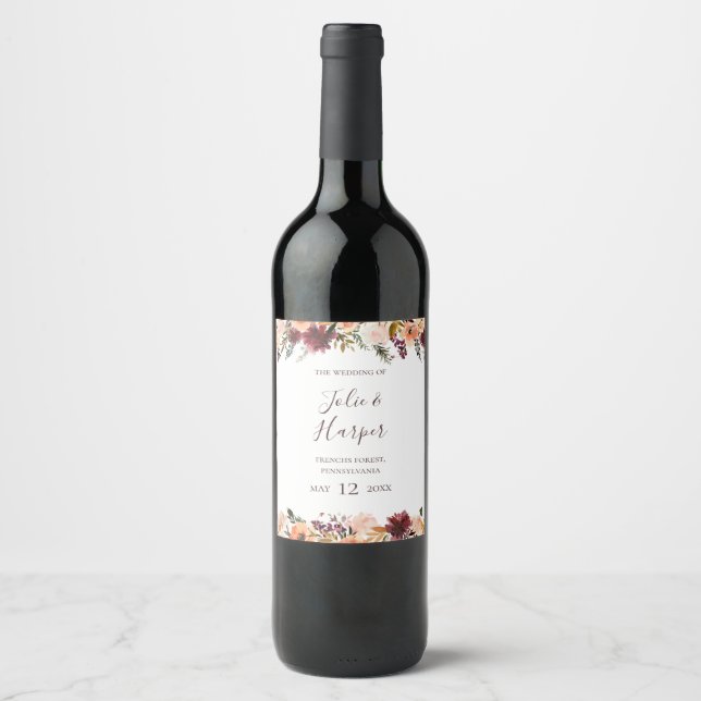 Etiqueta de vino Boda floral Naranja de Borgoña (Anverso)