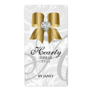 Etiqueta de vino boda Jewel Bow Heart Gold