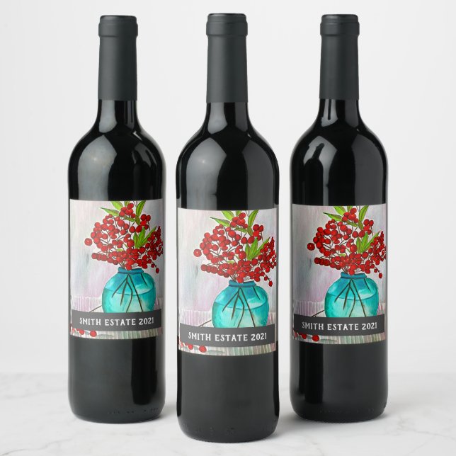 Etiqueta de vino de arte acuarela de las bayas roj (Botellas)