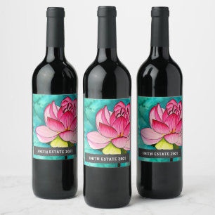 Etiqueta de vino de arte acuático de Lotus rosa