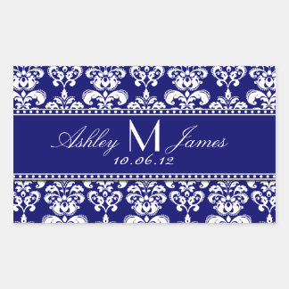 Etiqueta de vino de boda azul de la Marina Damask