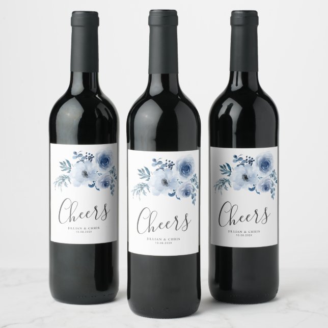 etiqueta de vino de boda floral azul polvoriento (Botellas)