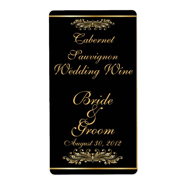 Etiqueta de vino de Boda negro y dorado (Frente)