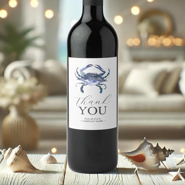 Etiqueta de vino de cangrejo azul gracias (Wedding wine labels thank you with watercolor blue crab art by Victoria Grigaliunas DoTellABelle)