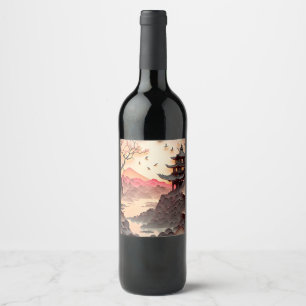 Etiqueta de vino de corte de papel de escena china