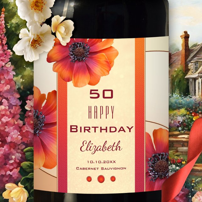Etiqueta de vino de cumpleaños floral moderna (Wine label featuring festive flowers on an elegant ivory and peach design. Great for her birthday)