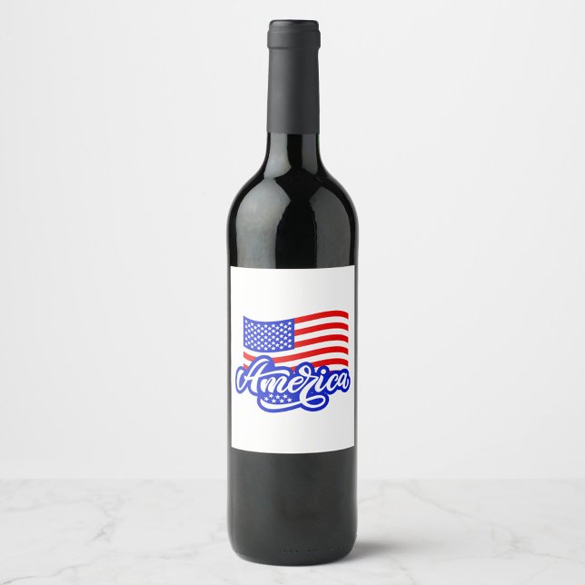 Etiqueta de vino de Estados Unidos (Illustration of the word "America" in a stylized script font, with a waving American Flag above it!)