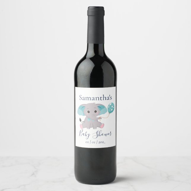 Etiqueta de vino de la ducha azul blanco elefante (Anverso)