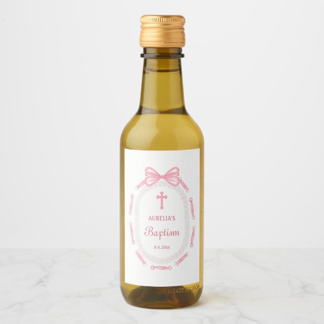 Etiqueta de vino de marco de cinta rosada baptismo (Anverso)