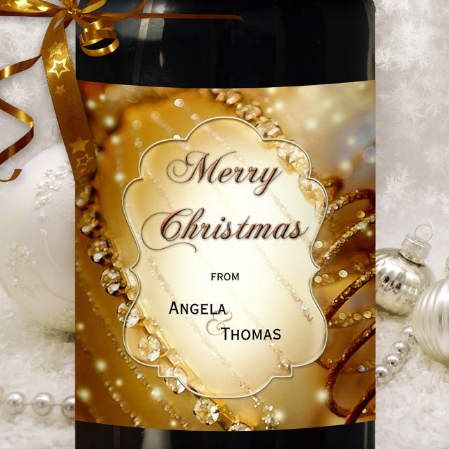 Etiqueta de vino de Navidades de Personalizado de  (Festive Christmas holidays wine label featuring a sparkling gold design with crystals)