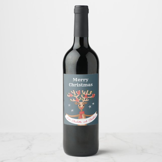 Etiqueta de vino de reno para navidades (Anverso)