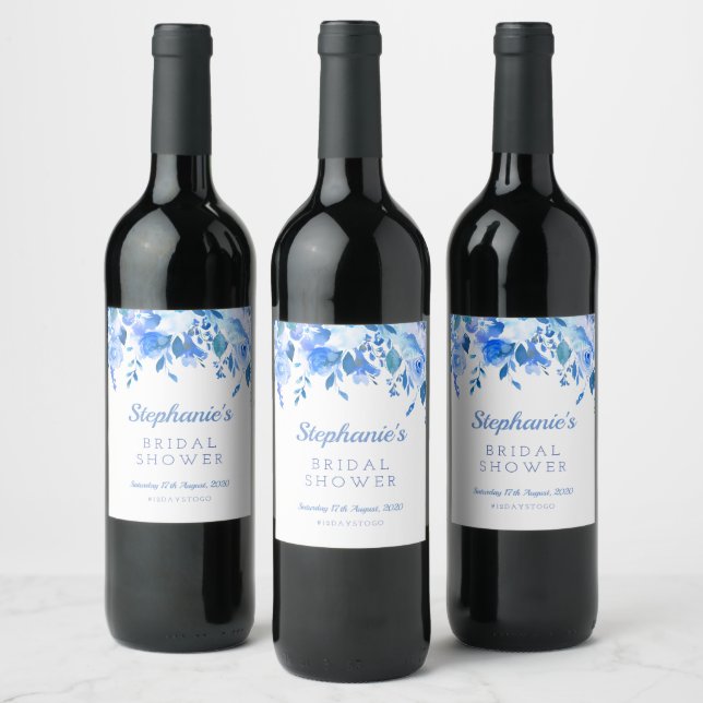 Etiqueta de vino floral azul, boda floral azul (Botellas)