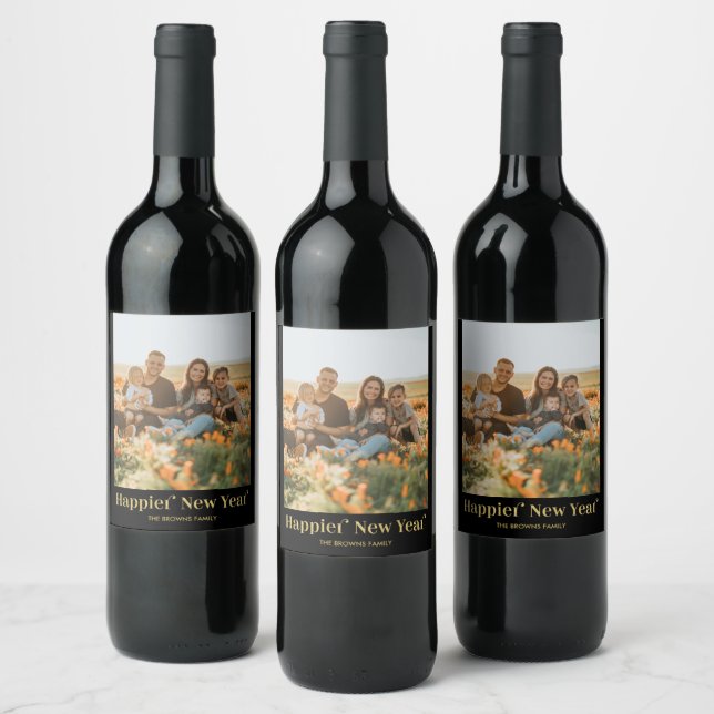 Etiqueta de vino fotográfico Black & Gold Happy Ne (Botellas)