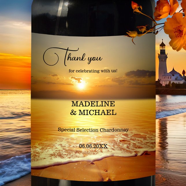 Etiqueta de vino Golden Sunset Beach Destination W (Wine label featuring a golden sunset at the beach)