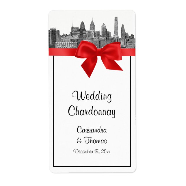 Etiqueta de vino rojo Philadelphia Skyline Etch BW (Frente)