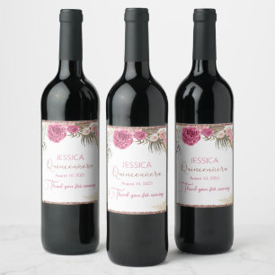 Etiqueta de vino Rosa de Quinceanera Purpurina de