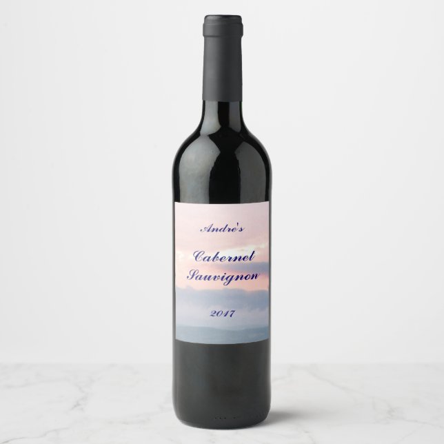 Etiqueta de vino rosa y azul del atardecer (Anverso)