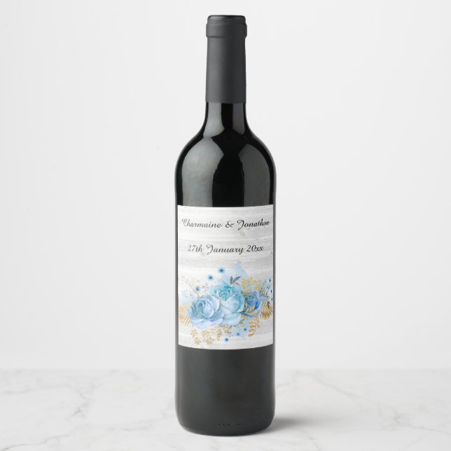 ETIQUETA DE VINO RÚSTICA AQUA BLUE GOLD FLORAL (Anverso)