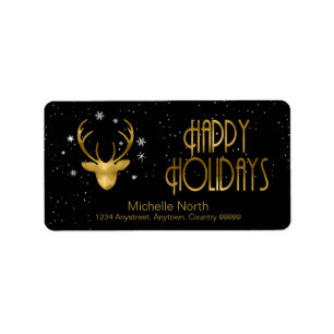 Etiqueta Deer Antlers Silhouette & Snowflakes Gold/Bl ID861