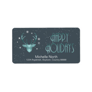 Etiqueta Deer Antlers Silhouette & Snowflakes Verde azulada