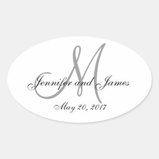 Etiqueta del Boda ovalado de monograma blanco gris
