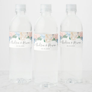 Etiqueta del frasco de agua azul y rosa con flores