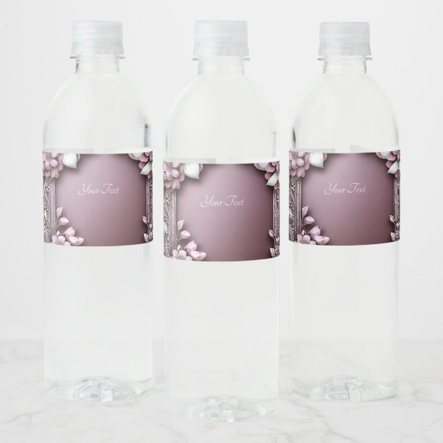 Etiqueta del frasco de agua con flores rosadas (Botellas)