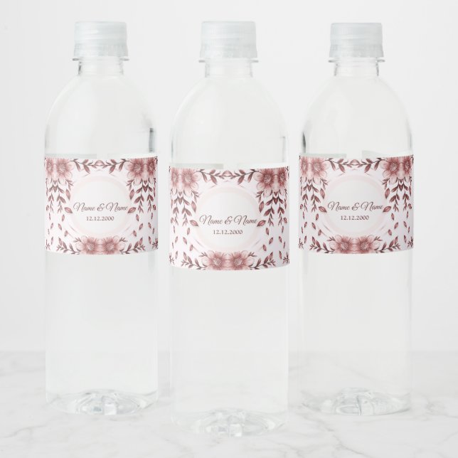 Etiqueta del frasco de agua con flores rosadas (Botellas)