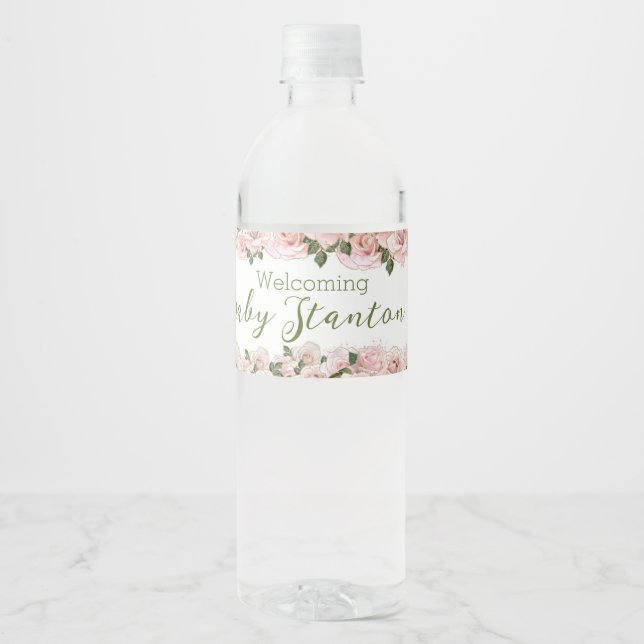 Etiqueta del frasco de agua de Baby Shower con Ros (Anverso)