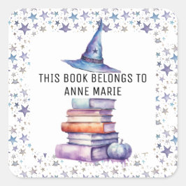 Etiqueta del libro de magia, libros y estrellas de