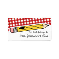 Etiqueta del libro escolar "Pencil & Red Gingham"