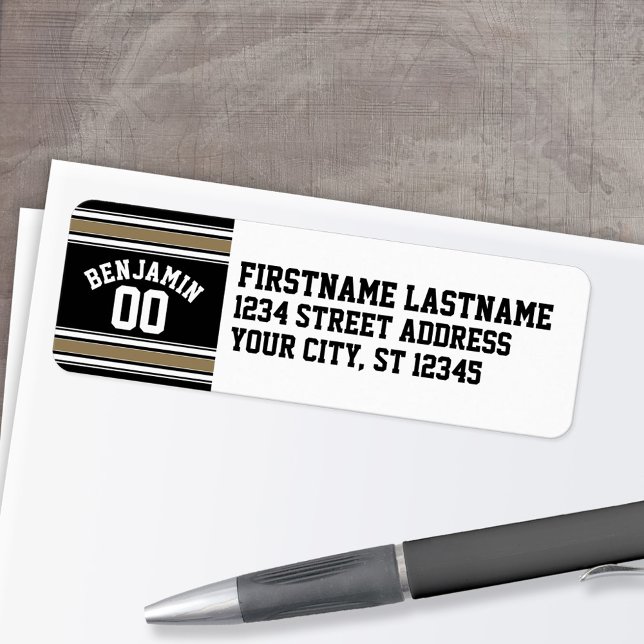 Etiqueta Deportes Jersey Black and Gold Stristris Name Numb (Personalized Return Address Label)