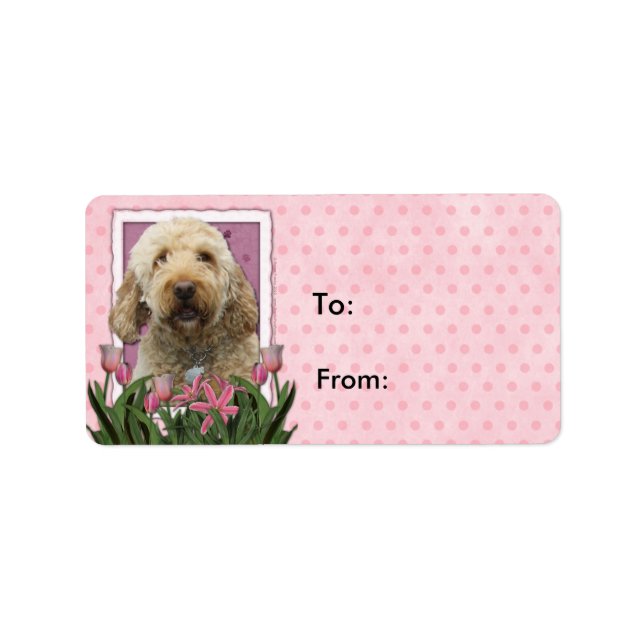 Etiqueta Día de la Madre - Tulipanes rosados - Goldendoodle (Frente)