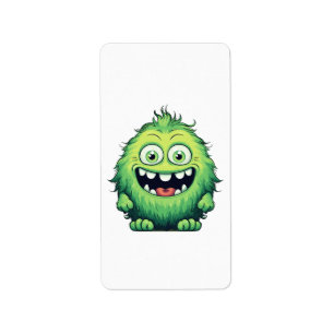 Etiqueta Dibujo Animado Monstruo Verde Lindo Sonriendo