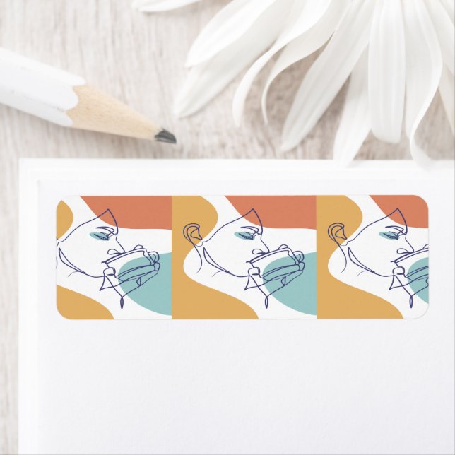 Etiqueta dibujo de líneas poster de la mujer tomando café (In situ)