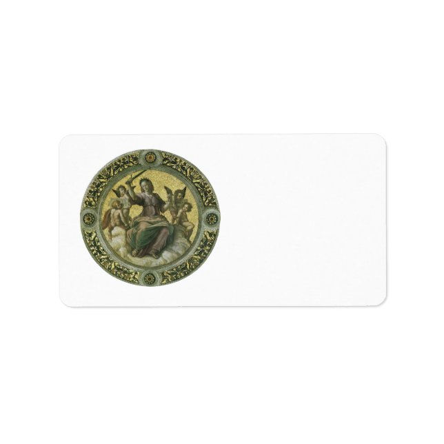 Etiqueta Diosa romana Justicia con ángeles de Raphael (Frente)