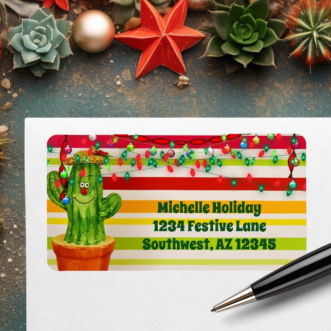 Etiqueta Dirección al sudoeste del navidad del cactus lindo (Cute Holiday Cactus Southwestern Christmas Address Label)