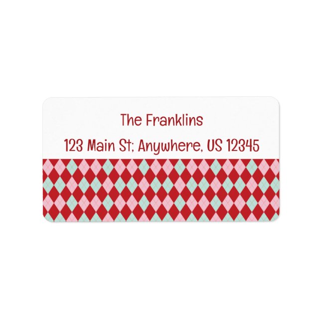 Etiqueta Dirección Argyle de Navidades rosados y de menta (Frente)