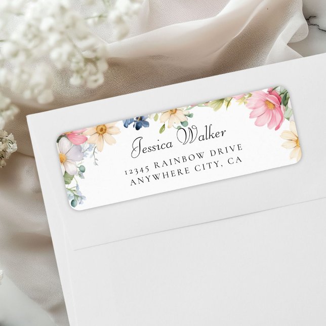 Etiqueta Dirección Baby Shower de Flor silvestre (Personalized Wildflower Baby Shower Address Label, White +Pastel.)