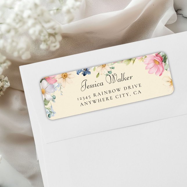 Etiqueta Dirección Baby Shower de Flor silvestre (Personalized Wildflower Baby Shower Address Label, Beige+Pastel.)