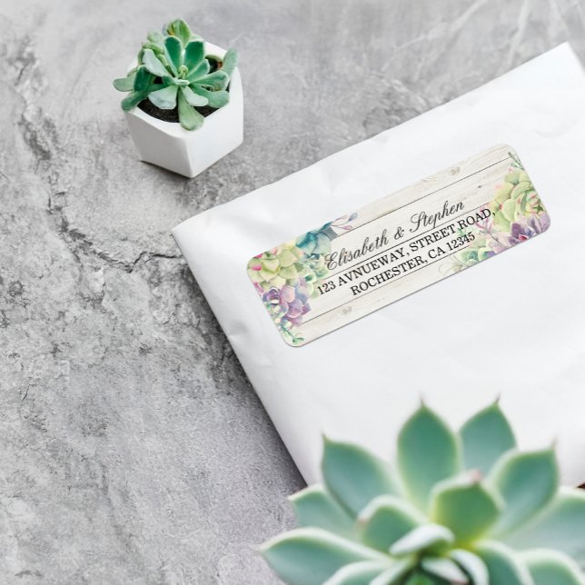 Etiqueta Dirección boda acuarela suculenta madera rústica (Subido por el creador)