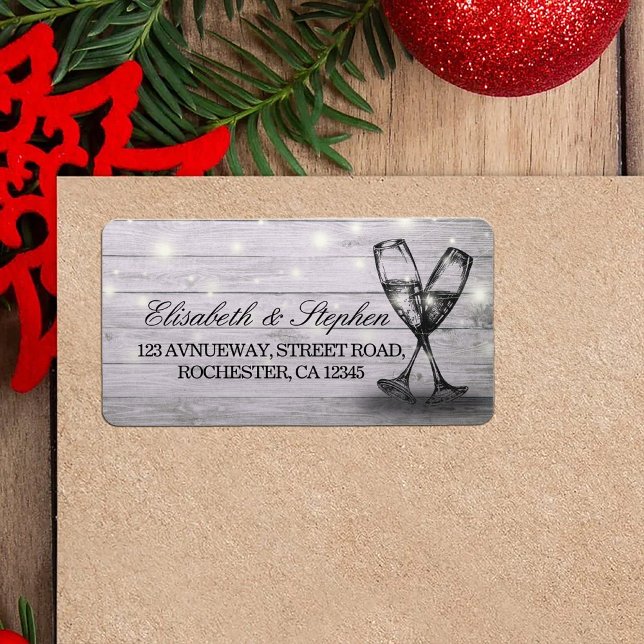 Etiqueta Dirección boda Champagne Glass Wood String Lights (Subido por el creador)