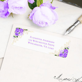 Etiqueta Dirección Boda de color morado dorado floral