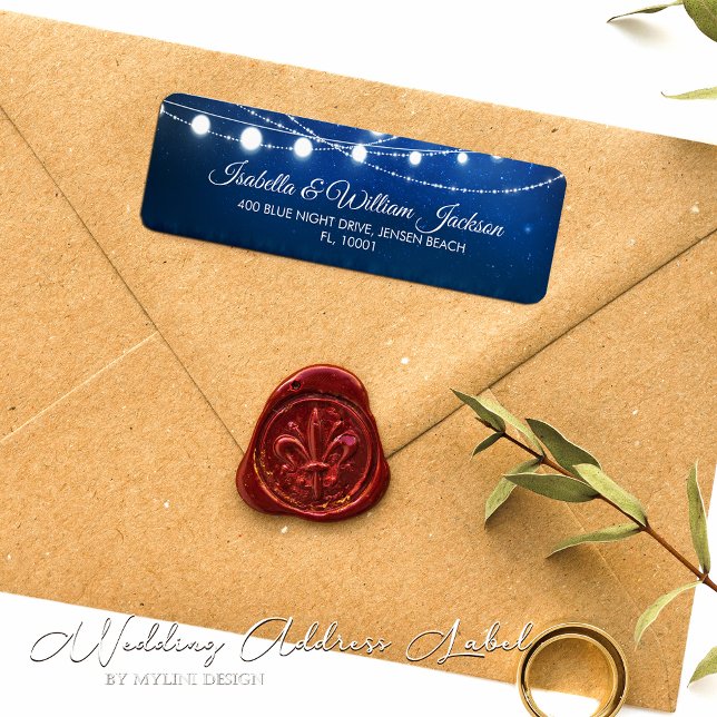 Etiqueta Dirección Boda de luces de cadena azul nocturna y  (Subido por el creador)