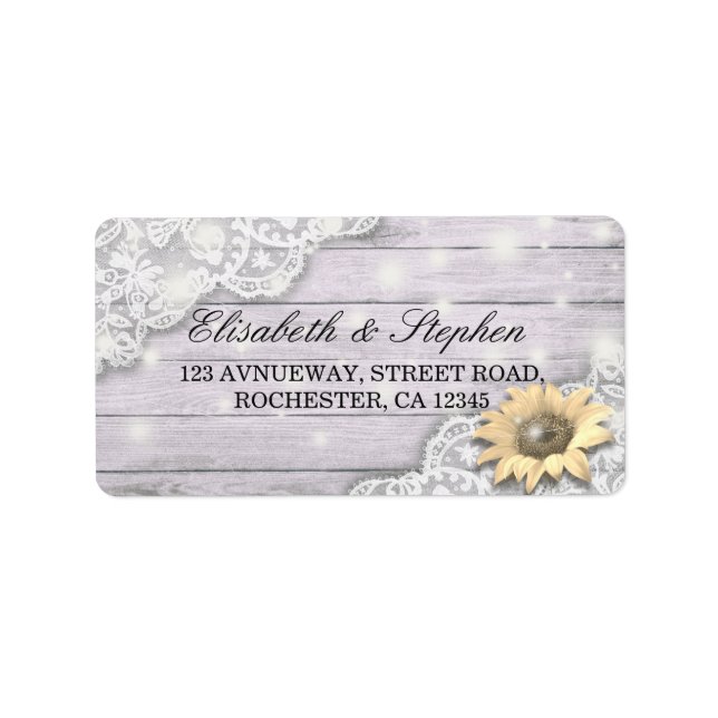 Etiqueta Dirección boda Lace Sunflower Wood String Lights (Frente)