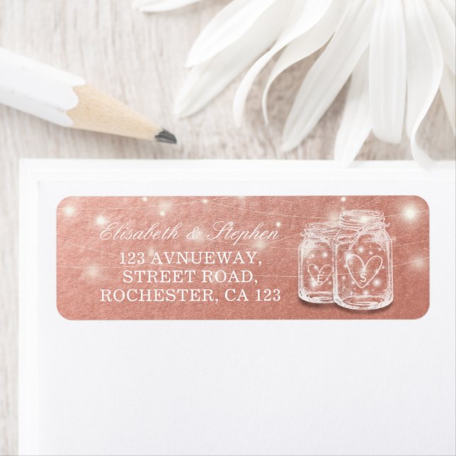 Etiqueta Dirección boda Mason Jars String Lights Rosa Gold (In situ)