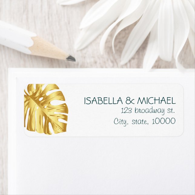 Etiqueta Dirección Boda personalizada Tropical Gold (In situ)