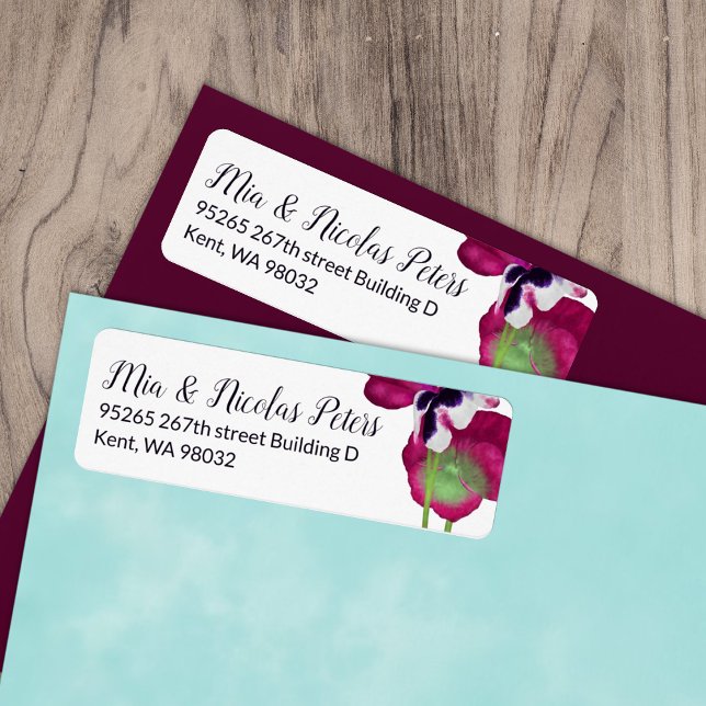 Etiqueta Dirección Boda Violet, Berry Pink Pansy (magenta pink berry violet pansies flowers wedding invitation address label, mailing return address)
