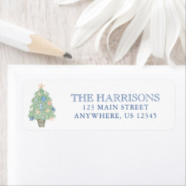 Etiqueta Dirección de árbol de navidad costero acuarela