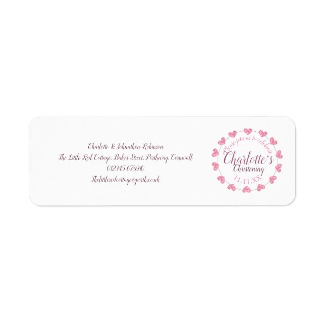 Etiqueta Dirección de bautizo de bebé blanca y rosa (Frente)